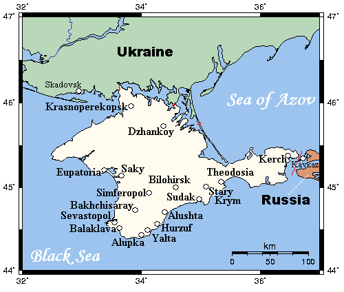 Carte de la Crimée. République située entre la Russie et l'Ukraine, en plaine Mer Noire.